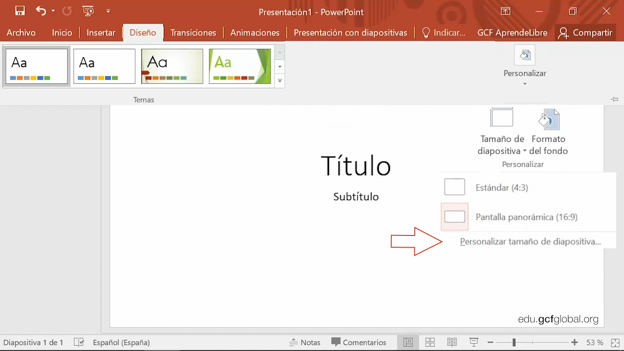 Imagen ejemplo eligiendo personalizar tamaño de diapositiva.